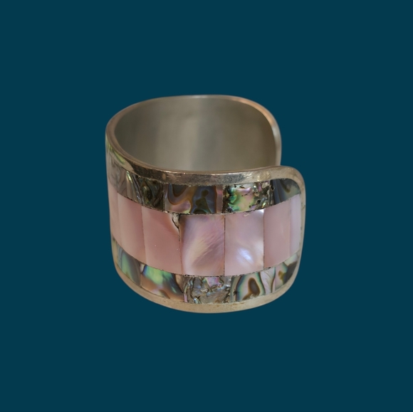 Vintage Silver Abalone with Mother of Pearl Flower Cuff Bracelet - See Note - Picture 2 of 6